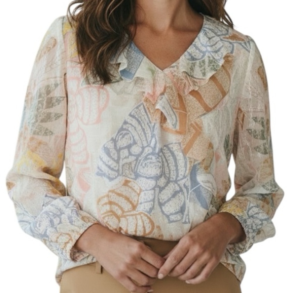 WHITE HOUSE BLACK MARKET Floral Sheer Sleeve Lined Ruffle Blouse Size Medium